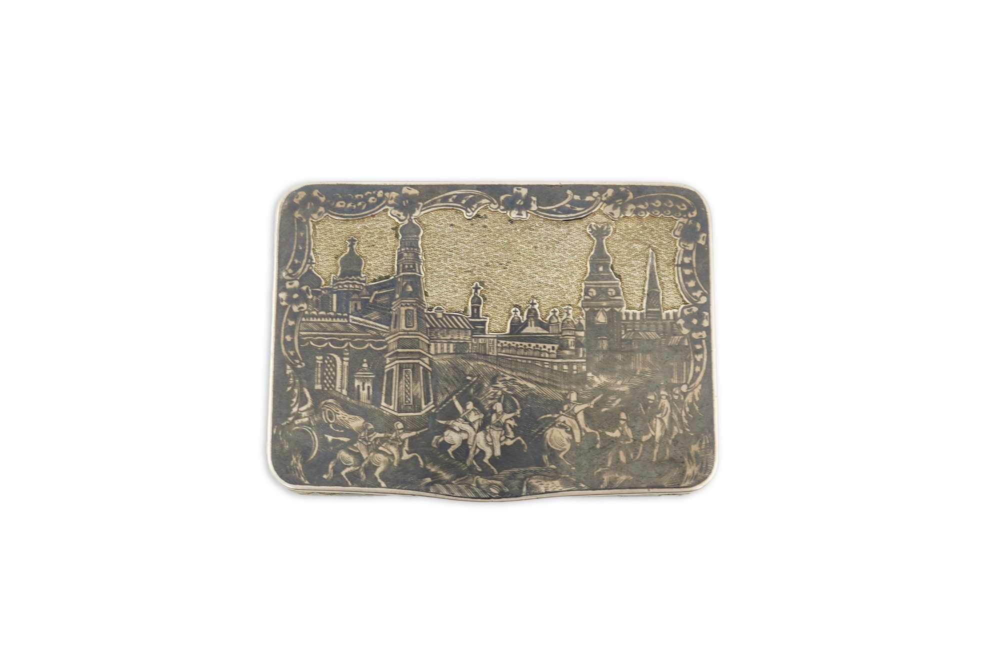 An early 19th century Russian 84 zolotnik and niello rectangular snuff box, assay master Andrei Kovalsky, Moscow, 1825
